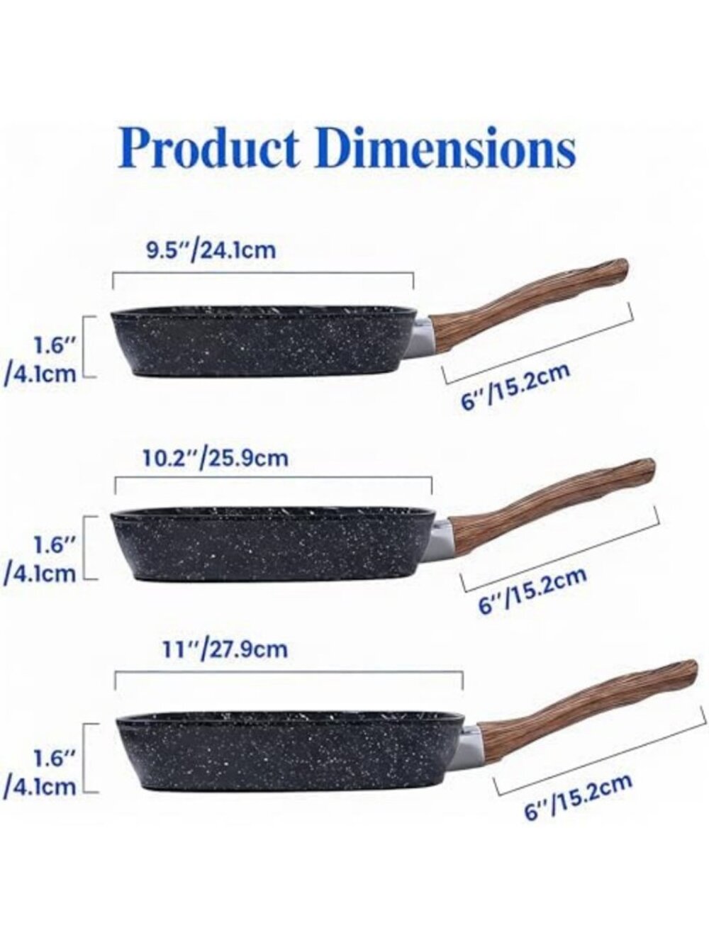Versatile Nonstick Grill Pan Set - 3 Square Skillets with Wooden Handles, PFOA - Picture 3 of 7